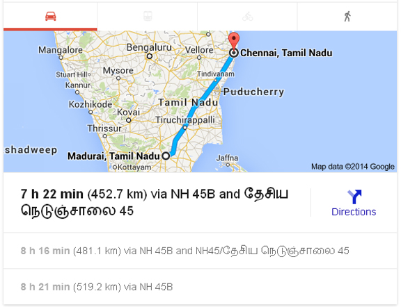 List of Important Route Map from Madurai