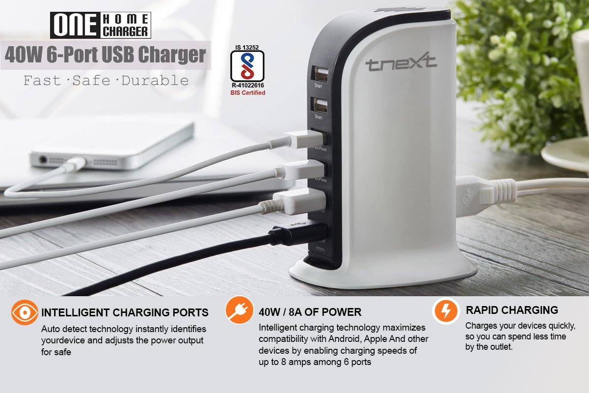 Tnext 40Watt 6-Port High Speed USB Charger with Intelligent USB Quick Charging station wall charger-classiblogger